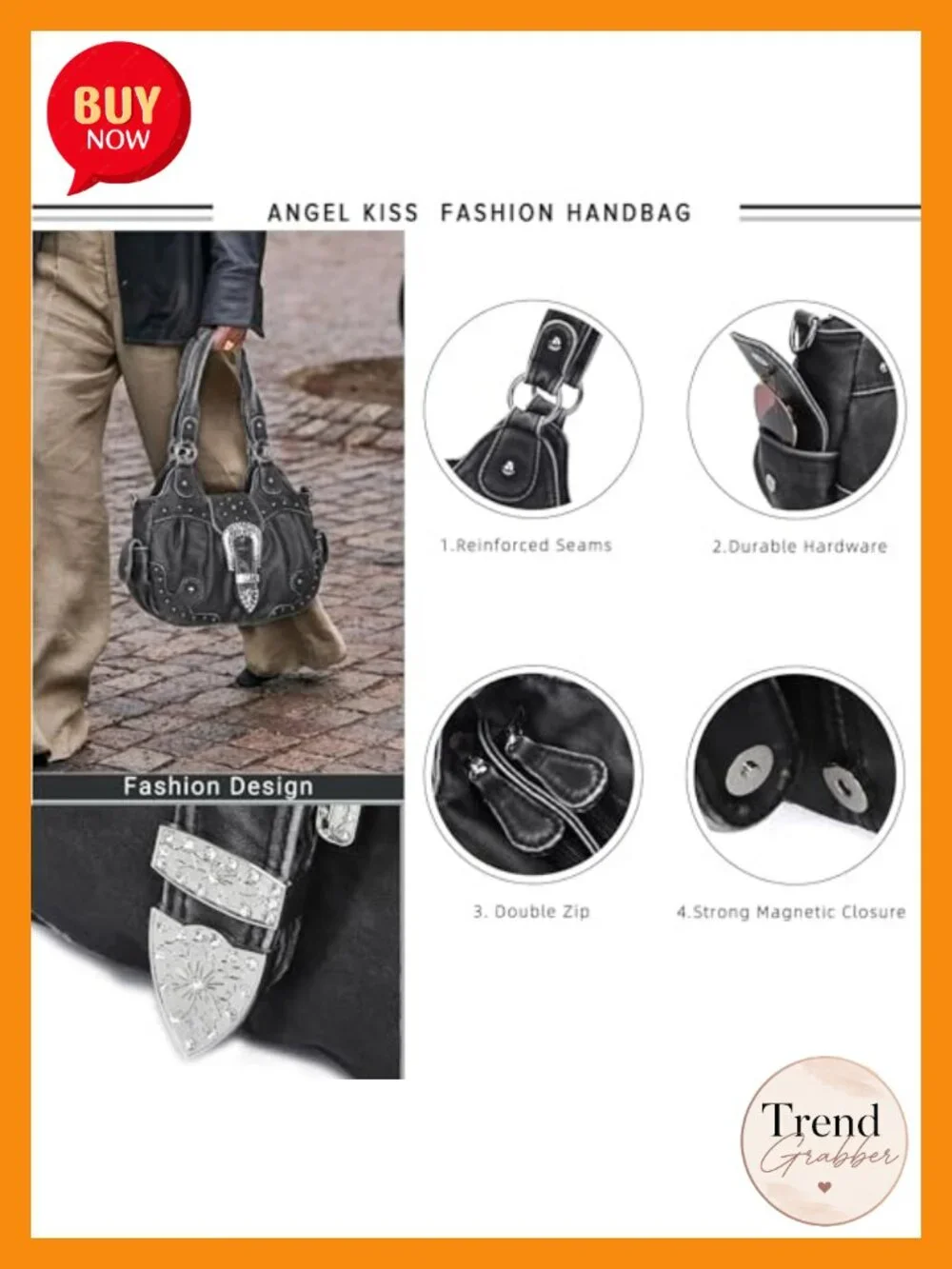 Vegan Leather Hobo Bag with Metal Studs - Large Capacity Shoulder Crossbody